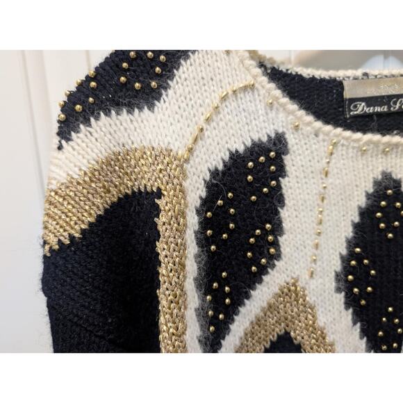Vintage Dana Scott Womens L Sweater Black & Cream Gold Beads Party Holiday - Picture 5 of 8
